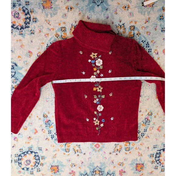 Alfred Dunner Petite Red Chenille Floral Embroidered Split‎ Turtleneck Sweater - - Picture 6 of 9